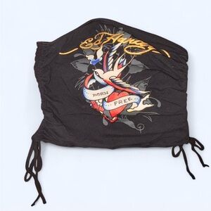 Ed Hardy Black Strapless Tube Top with Colorful Tattoo Heart & Swallow